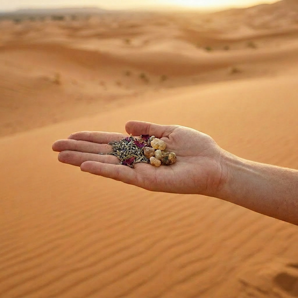 Hand holding aromatic resin, lavender buds, rose petals, and incense cones with desert sand dunes in background