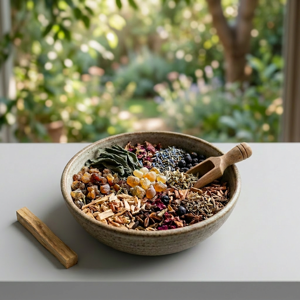 Bowl of assorted herbs, resins, and spices with incense smoke
